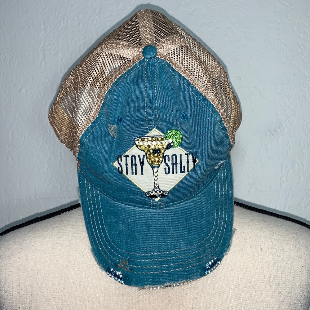 Stay Salty Mason Jar Label Distressed Blue Ball Cap Adult Adjustable Hat - Picture 8 of 8